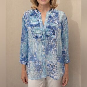 Chico's Blue Ruffled Blouse with Mandarin Collar, 3/4 Sleeves Button Up EUC